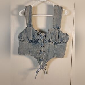 Pretty Little Thing Vintage Lace Up Corset Size 16 Bleach Wash Ruched Bust Chic